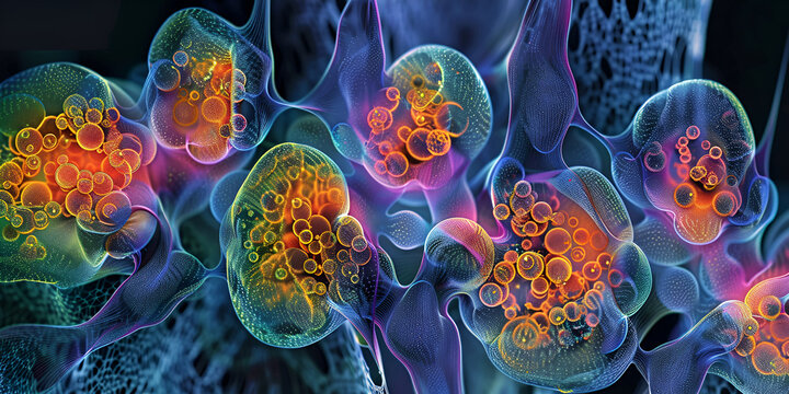 Intricate Visualization of Colorful Cellular Structures, Advanced Biomedical Research Featuring Detailed Cell Models