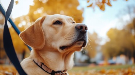 Dog in autumn park. Dog walking. Happy pet on a walk.