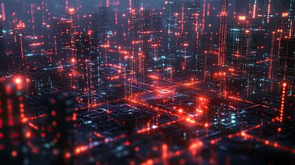 Futuristic Cityscape with Red Neon Lights and a Grid Pattern