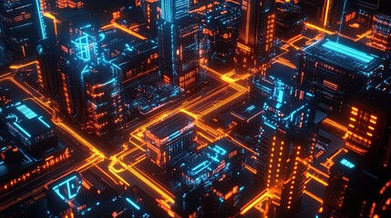 Obraz premium Futuristic Cityscape with Neon Lights and Interconnected Structures