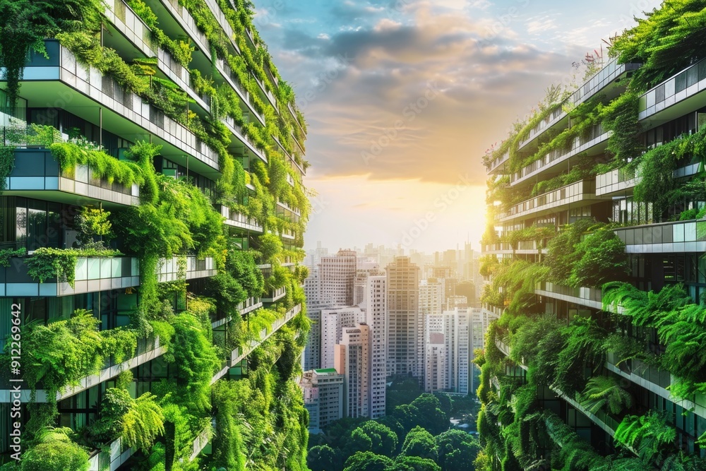 Poster a tall building covered in lush greenery and vines, perfect for architecture or environmental-themed