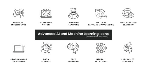 Advanced AI and Machine Learning Icons: Vector Line Icons for AI Applications. Editable Stroke and Colors.