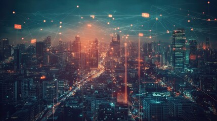 Fototapeta premium Nighttime Cityscape with Network Connections