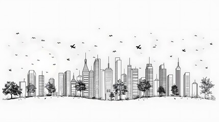 Fototapeta premium Hand-Drawn Cityscape with Birds and Planes