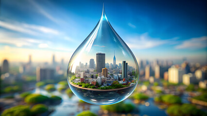 A single, large water droplet containing a miniature cityscape, showcasing how urban life depends on a sustainable water supply.