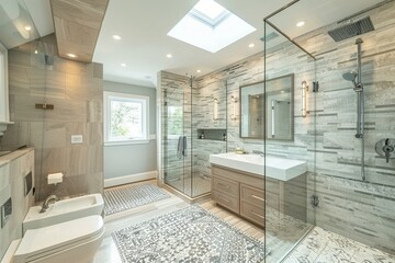 A bathroom with a large glass shower stall and a sink