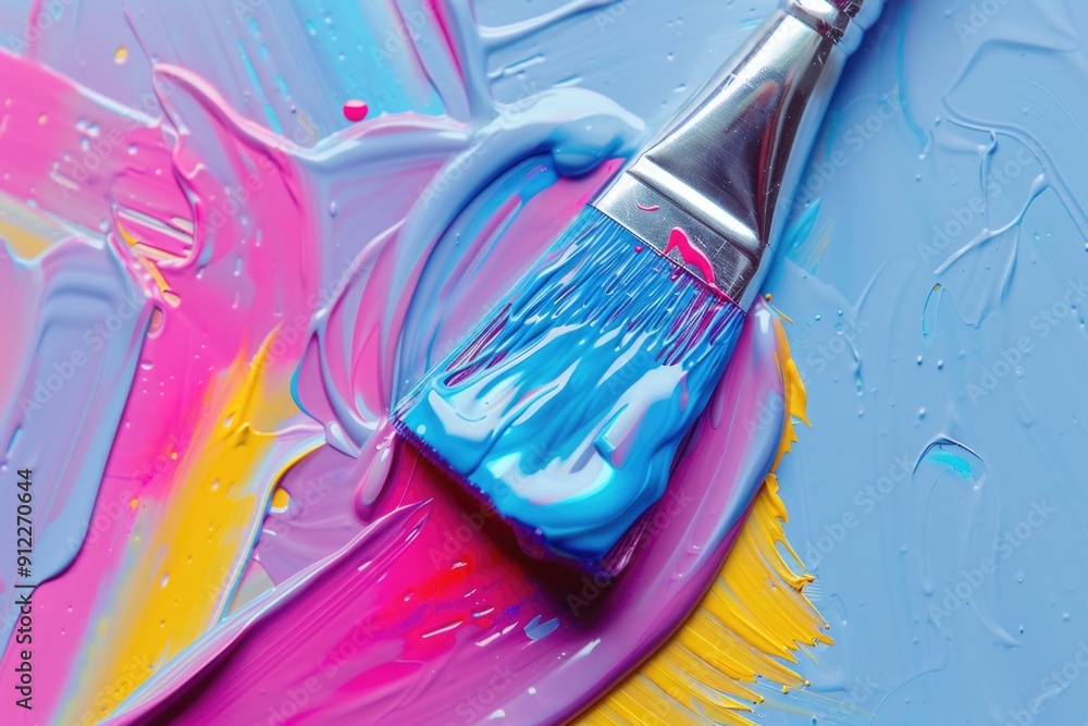 Poster close-up shot of a paintbrush on a colorful surface, suitable for art-related uses