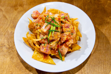 A Plate of Poke Nachos a Top Wonton Chip