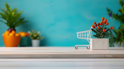 Obraz premium Miniature Shopping Cart with Plants on White Table