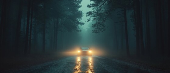 Mysterious Car with Headlights On Driving Through Foggy Forest at Night © YUTTADANAI
