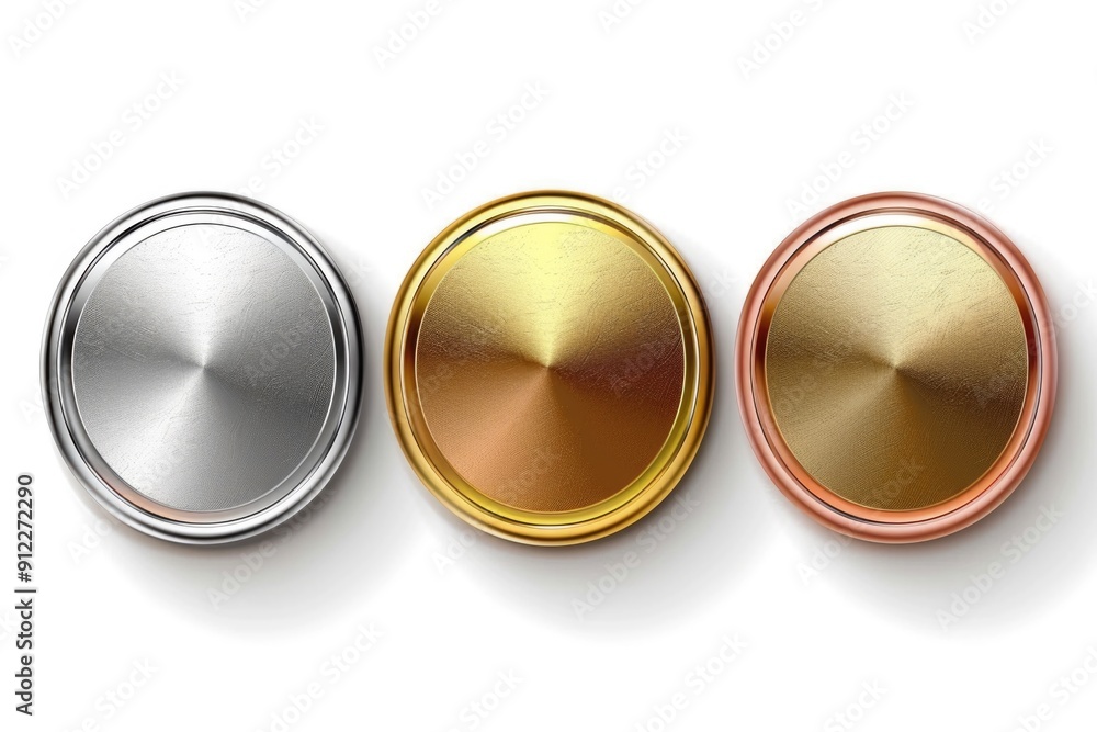 Poster Close-up of three different colored metal buttons on a white surface, suitable for use in design or photography projects
