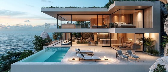 Fototapeta premium A large house with a pool and a balcony overlooking the ocean