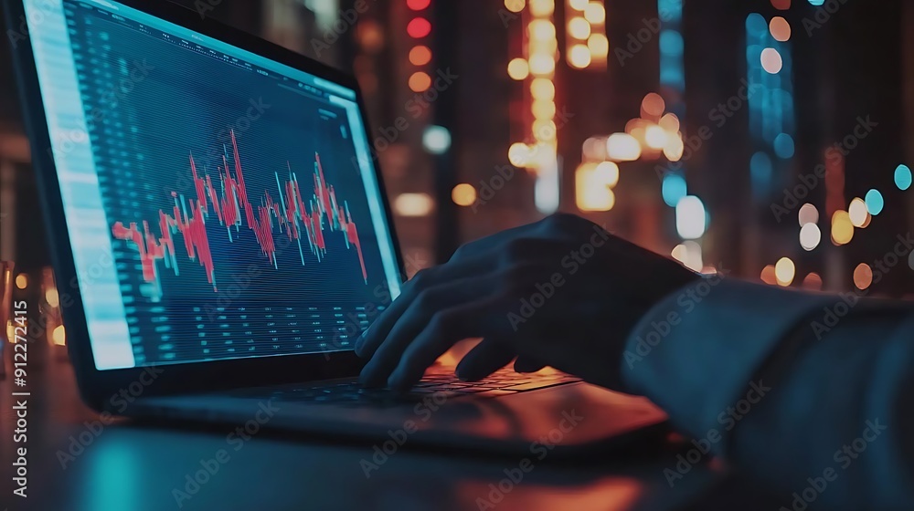 Poster laptop with financial chart and bokeh lights - realistic image