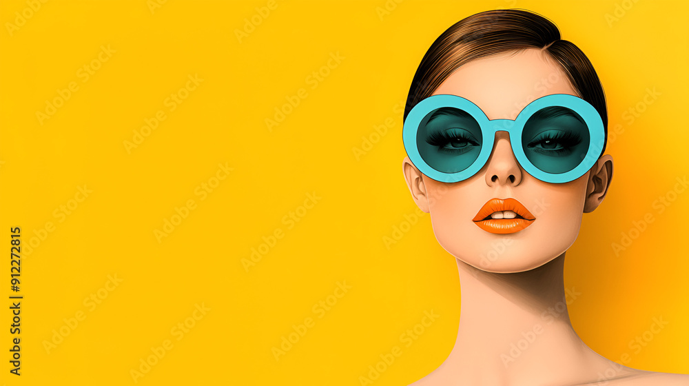 Wall mural Bright Yellow Background with a Fashionable Woman Wearing Sunglasses