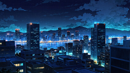 Image of a magnificent city and beautiful night sky, anime style 4