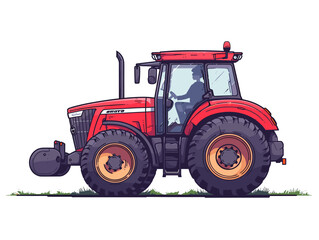 Vector illustration of a red tractor on a white background. Side view