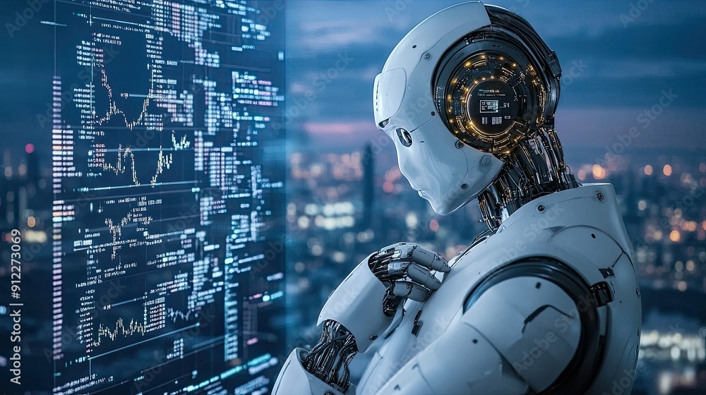 Poster an advanced robot analyzing data on a screen