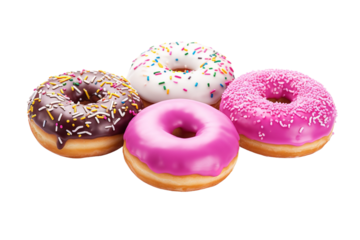 A Delightful Quartet of Glazed Donuts With Sprinkles on a White or Clear Surface PNG Transparent Background.