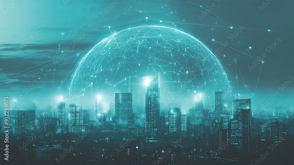 Poster networked cityscape with illuminated towers and connected points
