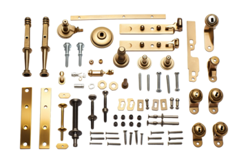 A Golden Symphony of Hardware: A Collection of Exquisite Door and Cabinet Fittings on a White or Clear Surface PNG Transparent Background.