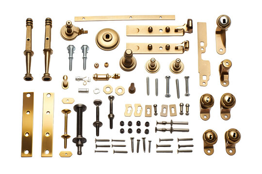 A Golden Symphony of Hardware: A Collection of Exquisite Door and Cabinet Fittings on a White or Clear Surface PNG Transparent Background.
