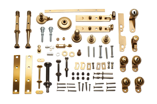 A Golden Symphony of Hardware: A Collection of Exquisite Door and Cabinet Fittings on a White or Clear Surface PNG Transparent Background.
