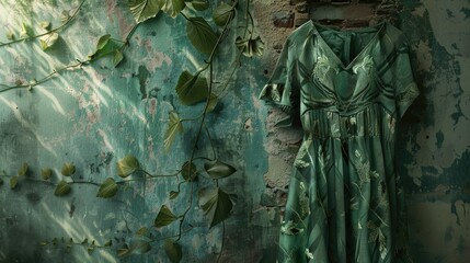 A simple scene of a green dress hung on the wall with a nearby plant, great for interior design or fashion inspiration