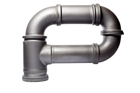 A Silver Pipes Curved Journey: A Plumbing Fixtures Geometric Design on a White or Clear Surface PNG Transparent Background.