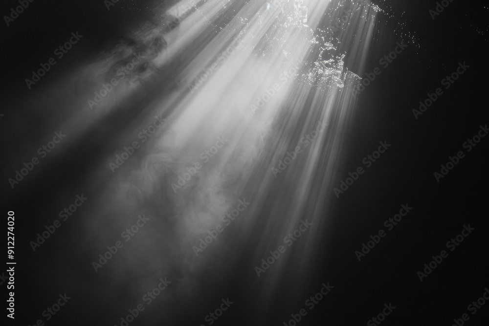 Poster a black and white photo of sunlight shining through the clouds, ideal for use in nature or atmospher