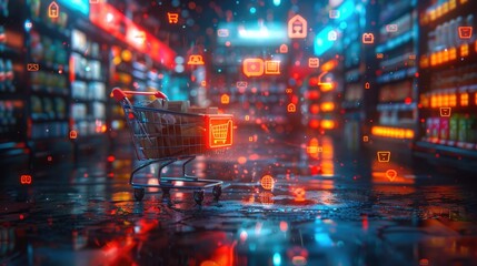 Obraz premium Digital illustration of an online shopping app with holographic elements and futuristic supermarket items, highlighting the convenience of ecommerce for quaint small store