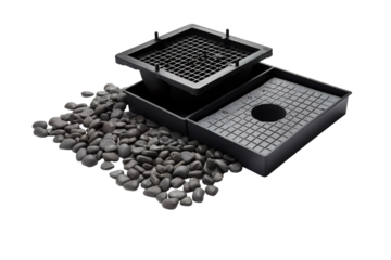 Black Plastic Water Fountain Base With Gridded Design and Pebble Accents on a White or Clear Surface PNG Transparent Background.