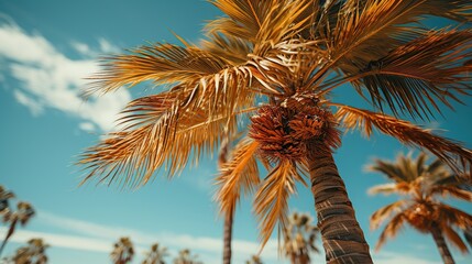 Palm tree on blue sky background.