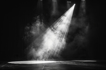 Obraz premium An empty stage for a performance in the rays of spotlights and clouds of smoke. Generated by artificial intelligence