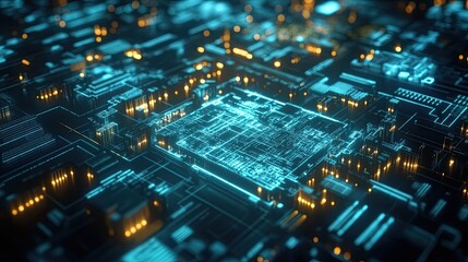 Obraz premium Abstract Futuristic Circuit Board with Glowing Lines and Lights