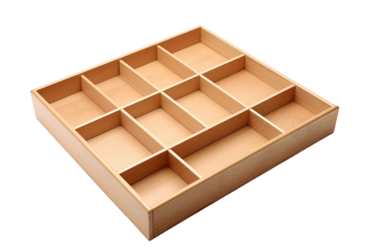 A Wooden Box With Twelve Compartments Ready To Be Filled on a White or Clear Surface PNG Transparent Background.
