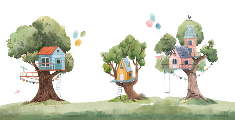 Beautiful kid mural with composition of watercolor hand drawn tree houses. Stock childish illustration. © Zenina-Lembrik