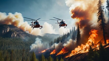 Two Helicopters Flying Over Forest With Fire