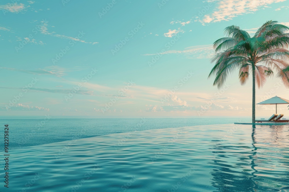 Poster a pair of palm trees situated on the edge of a swimming pool, perfect for a tropical getaway or a re