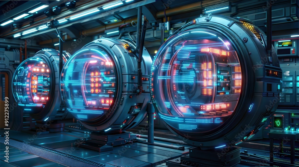 Poster futuristic technology laboratory with advanced circular data machines