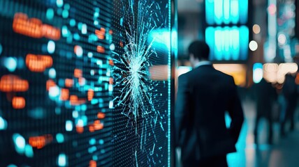 Conceptual image of stock market crash with shattered glass effect, economic breakdown, market impact