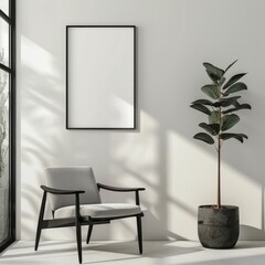 Minimalist Living Room with Empty Frame, Chair, and Plant