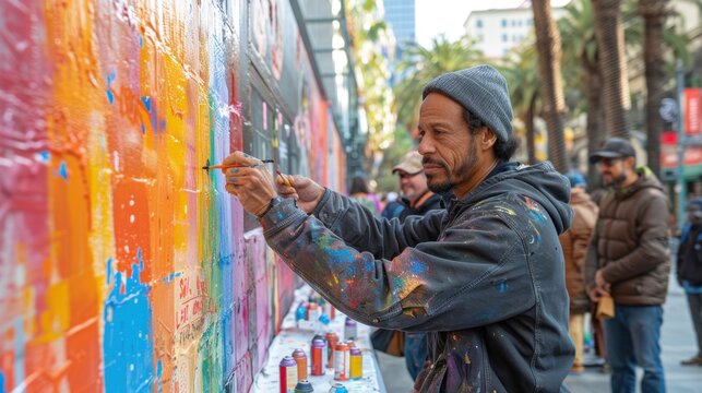 Create an ad campaign showcasing a diverse cast of artists creating street art on an expansive canvas, celebrating urban creativity and expression.