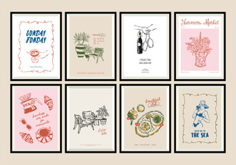 Minimal hand drawn vector dolce vita illustration set with aesthetic quote in a poster frame. Matisse style doodles.	