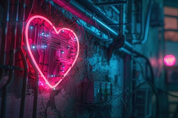 retrofuturistic neon heart sign with pink and blue glow pulsating against a dark urban backdrop electric wires form intricate patterns