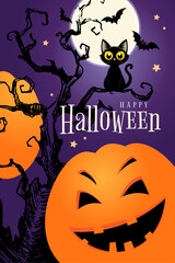 Happy Halloween poster with moon, pumpkin night forest, black cat, template for card, poster, banner, social media, vector