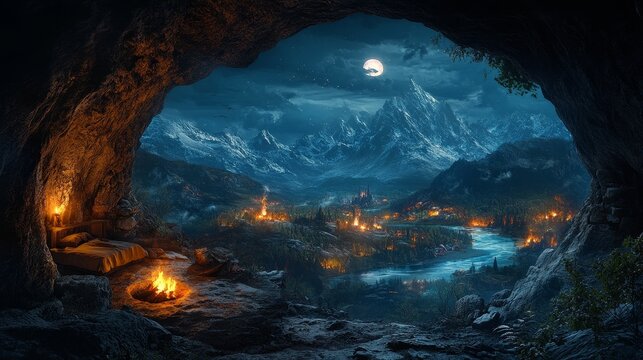 Majestic mountains, dense forests, vast rivers, and campfires burning in the distance, shrouded in a dark night sky. There is a warm sleeping area and a tempting campfire inside the cave