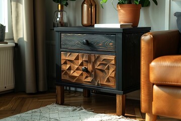 Black and tan wooden nightstand with open drawer, metal frame legs, geometric pattern top, and square design, placed near sofa on living room floor.