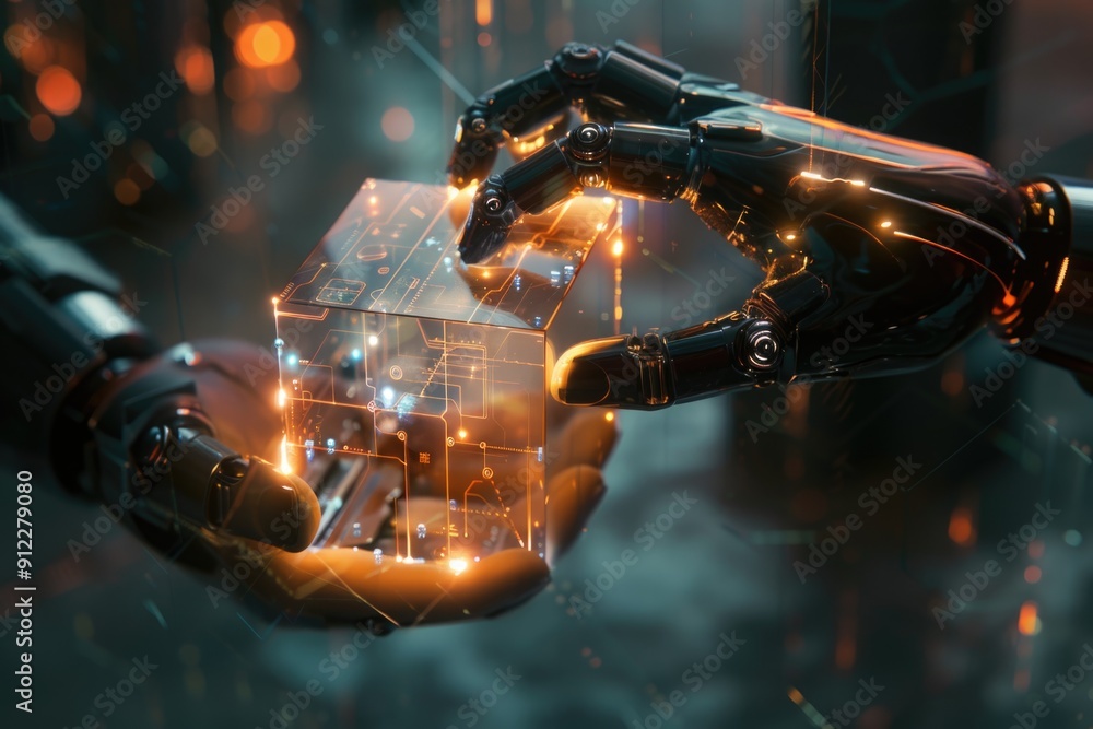 Poster a robot's hand holding a futuristic cube with glowing lights, perfect for sci-fi or technology conce