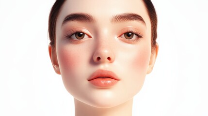 Fototapeta premium A close-up portrait of a young woman with flawless skin and natural makeup against a light background.