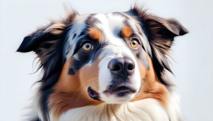 Fototapeta premium Close-up portrait Australian Shepherd Dog looking at camera, white background.